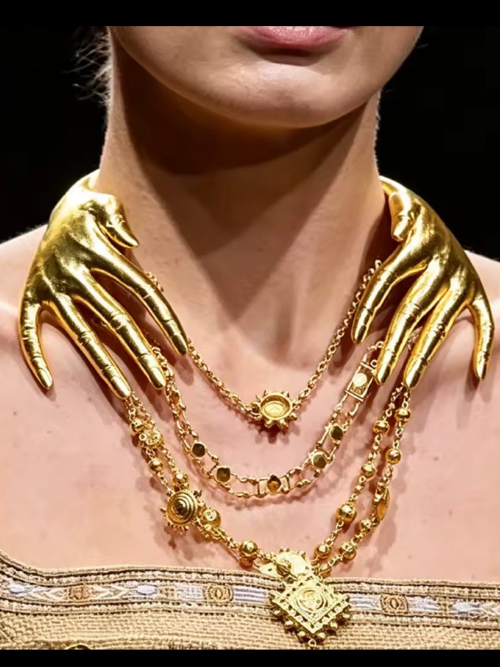 Gold Tone Hand Statement Necklace Layered Chain Gothic Surreal Jewelry